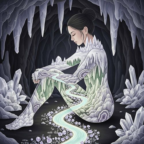 Enigmatic woman with crystal body in dark cave