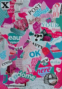Roze, paarse en turquoise collage gemaakt van snippers oud papier van Trinet Uzun