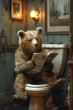Bear reads newspaper on toilet in funny toilet poster by Felix Brönnimann