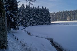 Een besneeuwd veld met stroompje