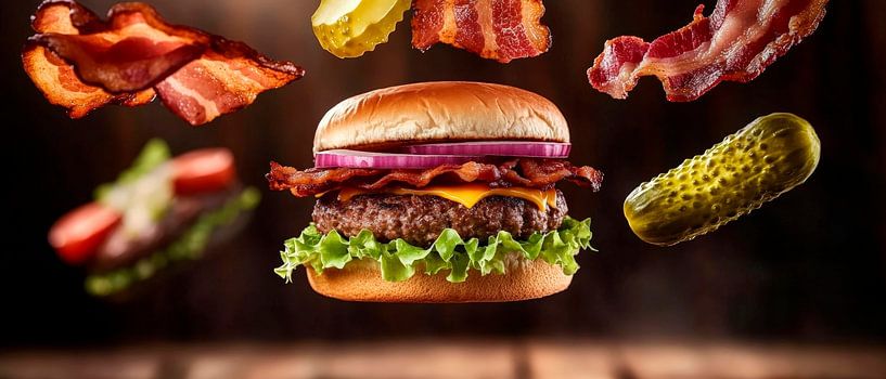 Schwebender Burger mit frischem Belag von Poster Art Shop
