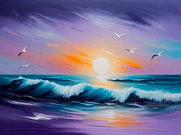 Zeemeeuwen op het strand bij zonsopgang - Canvas olieverfschilderij stijl van A.D. Digital ART