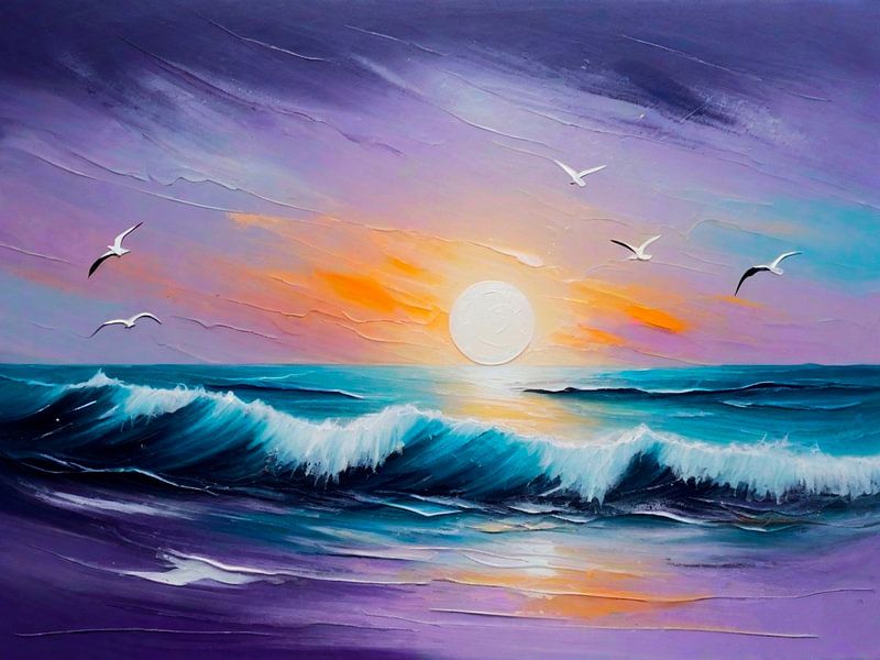 Seemöven am Strand bei Sonnenaufgang - Leinwand Ölmalerei Stil von A.D. Digital ART