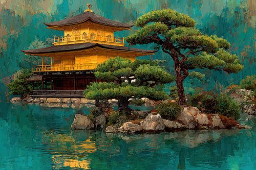 painting japanese temple by the water