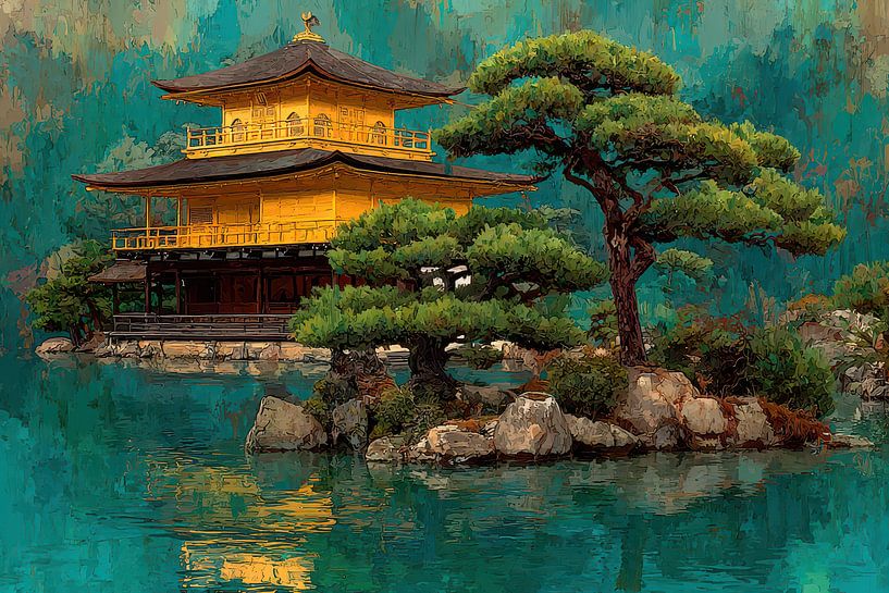 painting japanese temple by the water by Egon Zitter