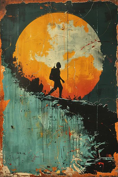 Silhouette einer Figur gegen einen bunten Mond von Art & Soul Creations