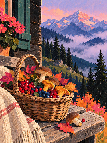 Almhütte im Herbst – Pilzkorb & Bergblick