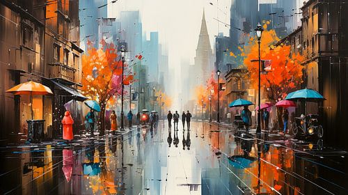 Shoppen in een stadskunstschilderij