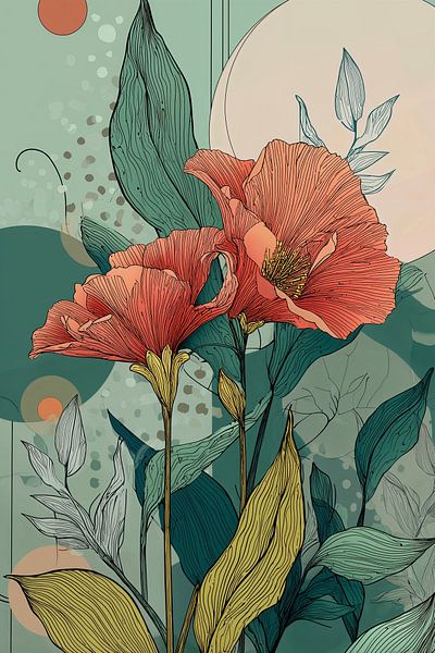 Botanical Illustration in Coral and Petrol no. 2 by Studio BB