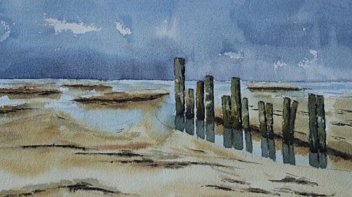 Watercolour painting of a mudflat scene.