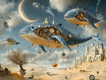 surréalisme baleines volantes dans le désert sur Jan Bechtum