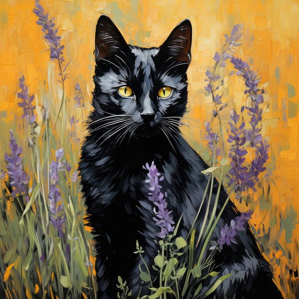 Black Cat and Flowers inspired by Vincent van Gogh by Erika Kaisersot