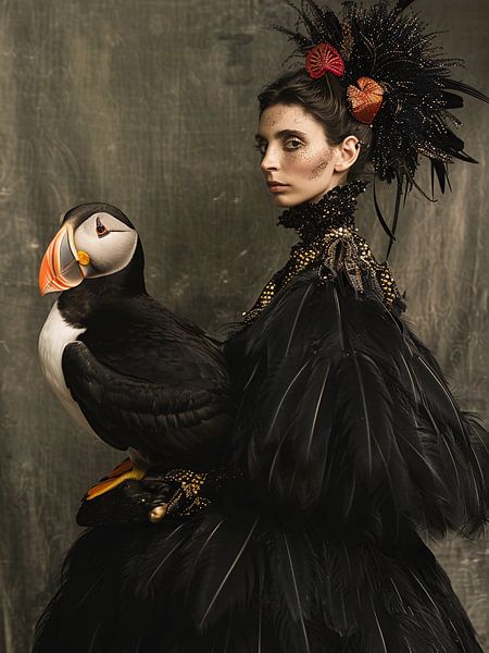 femme avec oiseau macareux par haroulita