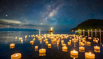 Hunderte von Kerzen auf einem dunklen See von John van den Heuvel