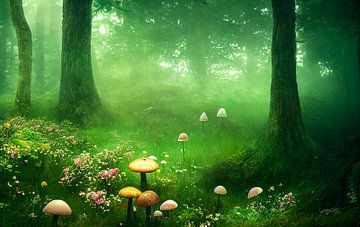 Forêt de contes de fées Peinture Art avec brouillard, illustration sur Animaflora PicsStock