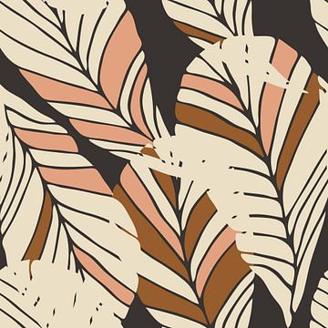 Boho style leaves in retro colors. Modern botanical art in earthy tones on black by Dina Dankers