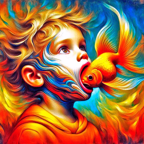 Surreale Illustration eines kleinen Jungen mit Goldfisch. von Ineke de Rijk