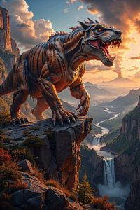 Fantasy Wall Art: TERRAVYRX - A massive dinosaur stands roaring on a cliff above the valley