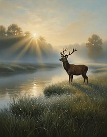 Morgennebel und Rehe von Regan Frederick