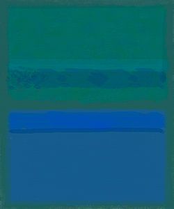 Abstract schilderij met blauwe en groene kleurvlakken van Rietje Bulthuis