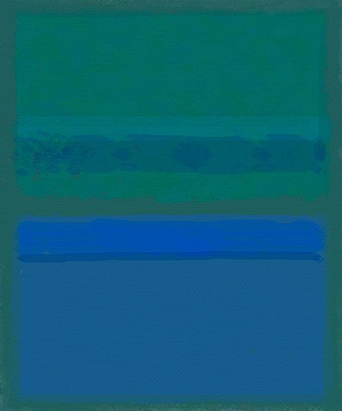 Abstract painting with blue and green by Rietje Bulthuis