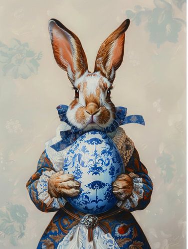 Stilvoller Osterhase mit einem Ei im Delfter Blau-Stil