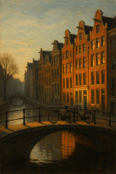 Amsterdam’s Tranquil Glow – Bicycles over the Canal Bridge by Travel Shop