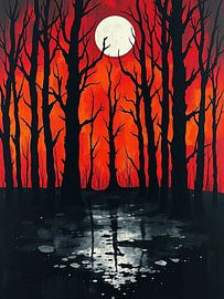Eerie Crimson Moonlit Forest: A Haunting Symphony of Silhouettes and Reflections by Artistic