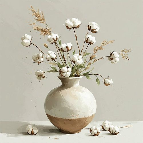 Ein Stillleben mit einer rustikalen Keramikvase und Baumwollblüten.