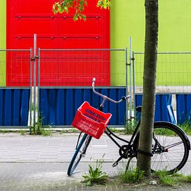 Fiets tegen boom met rood, groen, oranje en blauw in Amsterdam van Paul van Putten