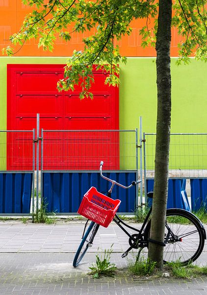 Fahrrad gegen Baum mit rot, grün, orange und blau in Amsterdam von Paul van Putten