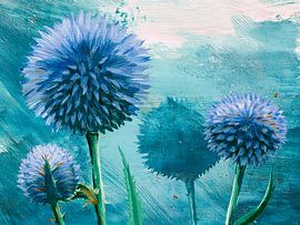Abstract Painting with Blue Ball Thistles by Studio Pieternel