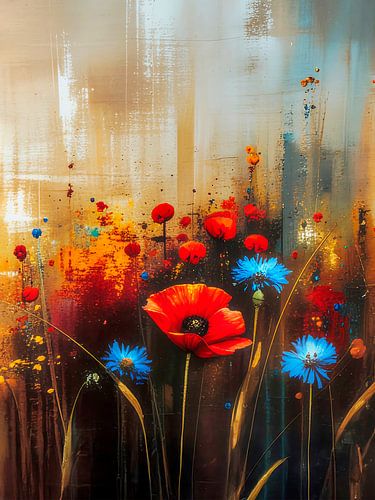 Abstraktes Kornfeld mit Mohnblumen und Kornblumen von Studio Pieternel