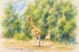 Mother and baby giraffe in watercolour by Z6Focus