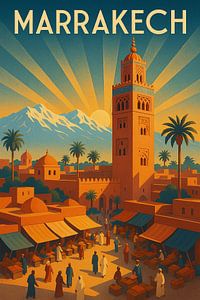 Marrakech Art Deco Poster - Sonnenaufgang über der Roten Stadt und dem Atlasgebirge