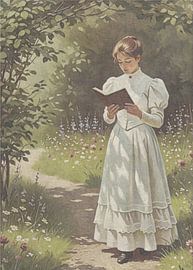 Victorian Young Lady Reading in a Garden Path, Romantic Vintage Pastoral Scene by Hecate Pim