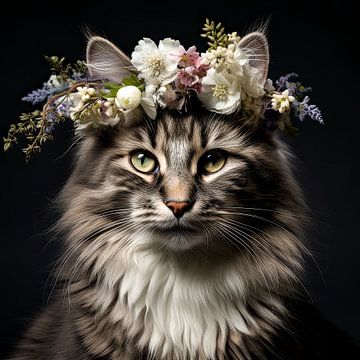 Couronne florale d'été portrait de chats sur Vlindertuin Art