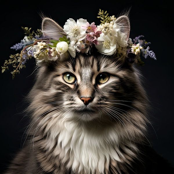 Couronne florale d'été portrait de chats par Vlindertuin-Art