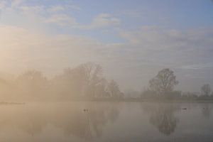 Neblige IJssel aus der Vogelperspektive im Herbst