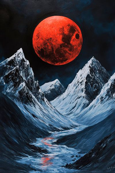 Roter Mond über schneebedeckten Bergen von Poster Art Shop