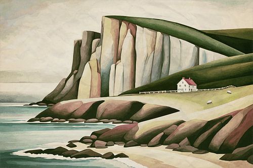 Huis op rotsachtige landtong op mistige dag