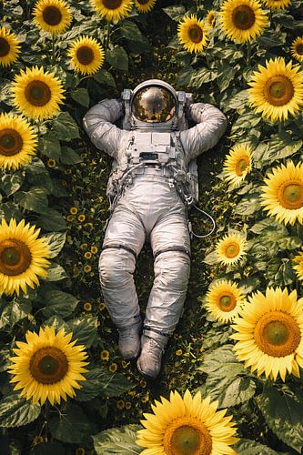 Astronaut, der sich in einem Sonnenblumenfeld entspannt