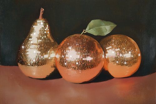 Disco Fruit Kunst: Peer en sinaasappels met glinsterend mozaïek