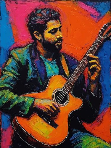 Gitaarspelende man in abstracte levendige 1