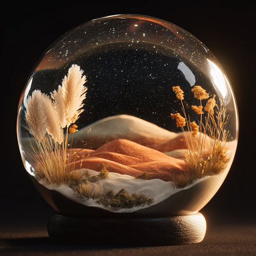 Miniatur-Boho-Wüste in einer Glaskugel mit Pampasgras und Sanddünen