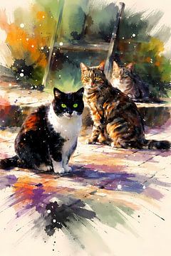 Three cats on a terrace by Linda de Klein