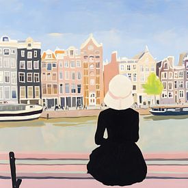 Amsterdam Dream - Woman with Hat Admires Canal House, Netherlands by But First Framing