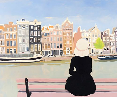 Amsterdam Dream - Woman with Hat Admires Canal House, Netherlands
