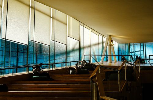 Reading Steps & Blue Glass – Modern Library in Cool Light | Minimal Interior Wall Art