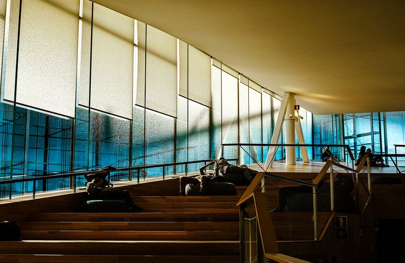 Reading Steps &amp; Blue Glass – Modern Library in Cool Light | Minimal Interior Wall Art by Brave Toaster Photos